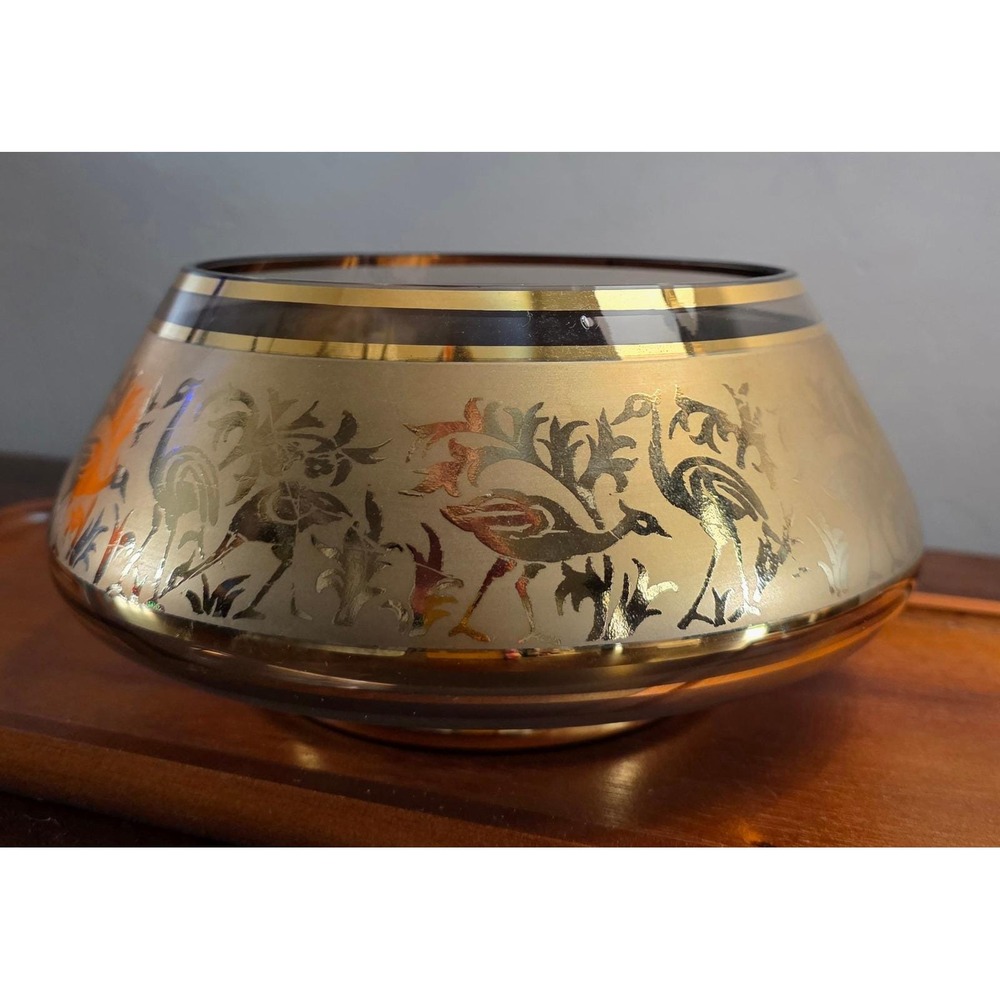 Vintage Amber Glass Bowl Gold Crane Heron Bird Frosted Band Hollywood Regency